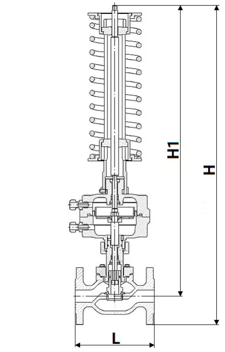 Регулятор давления до себя PRB1030N-F-DA Ду40 Ру16 Kvs10 прямого действия, серый чугун СЧ20, фланцевый, Tmax до 150°С, диапазон настройки 4 (6 - 12 кгс/см2)