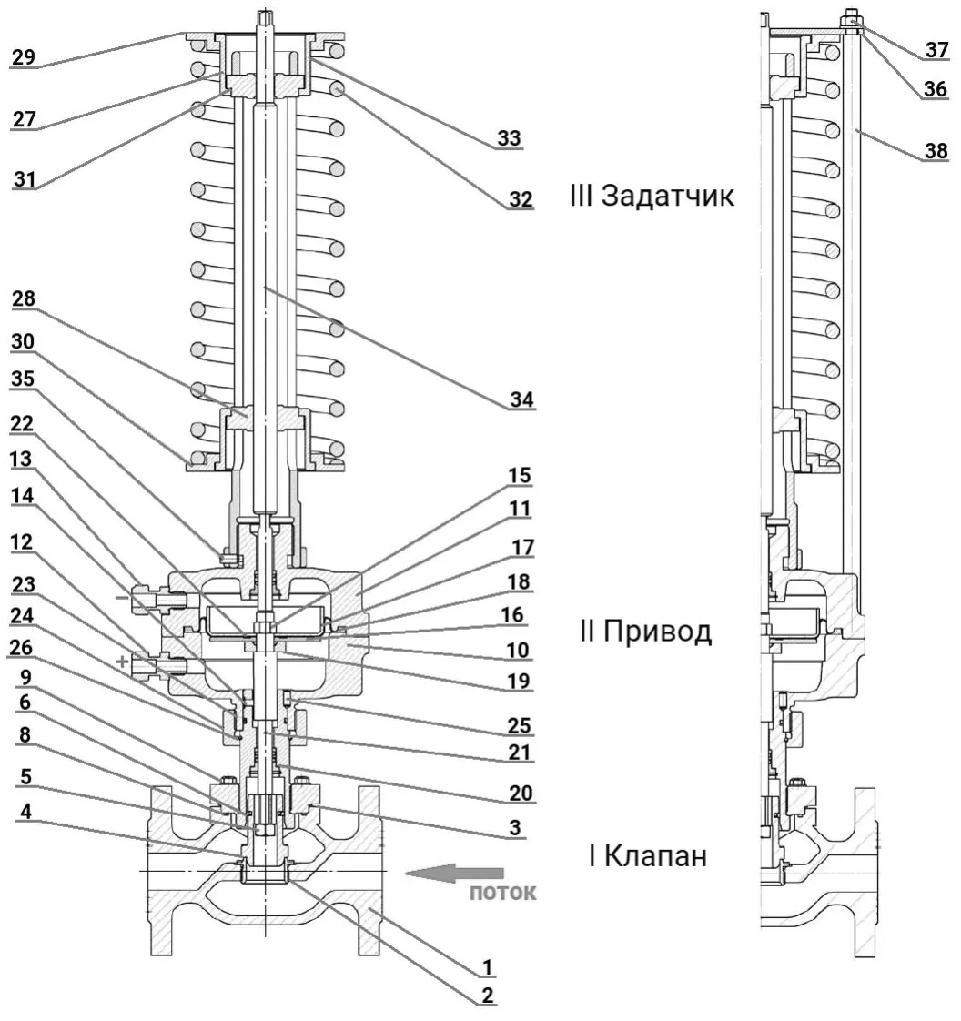Регулятор давления до себя PRB1030N-F-DA Ду40 Ру16 Kvs10 прямого действия, серый чугун СЧ20, фланцевый, Tmax до 150°С, диапазон настройки 4 (6 - 12 кгс/см2)