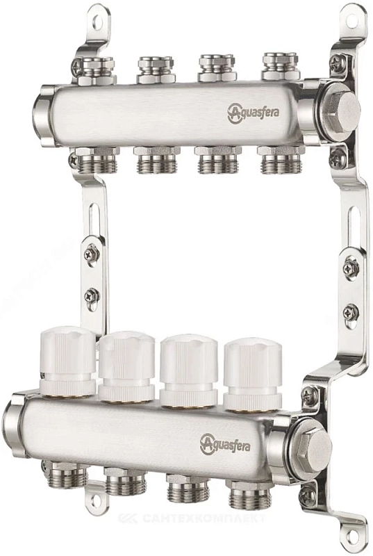 Группа коллекторная Aquasfera 9504 Ду25 Ру10 внутренняя резьба, выходов 4х3/4″ наружная резьба под евроконус с балансировочными и регулирующими клапанами, нержавеющая сталь