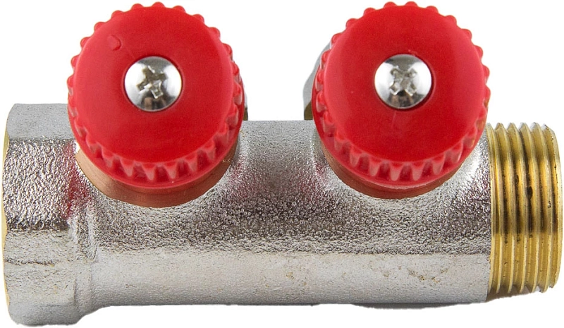 Коллектор Aquasfera 7018-01 3/4″ Ду20 Py16 выходов 2x16 мм обжим с регулирующими клапанами, красные ручки для МП труб, вн/нар резьба, корпус латунь, с межосевым расстоянием выходов 35 мм