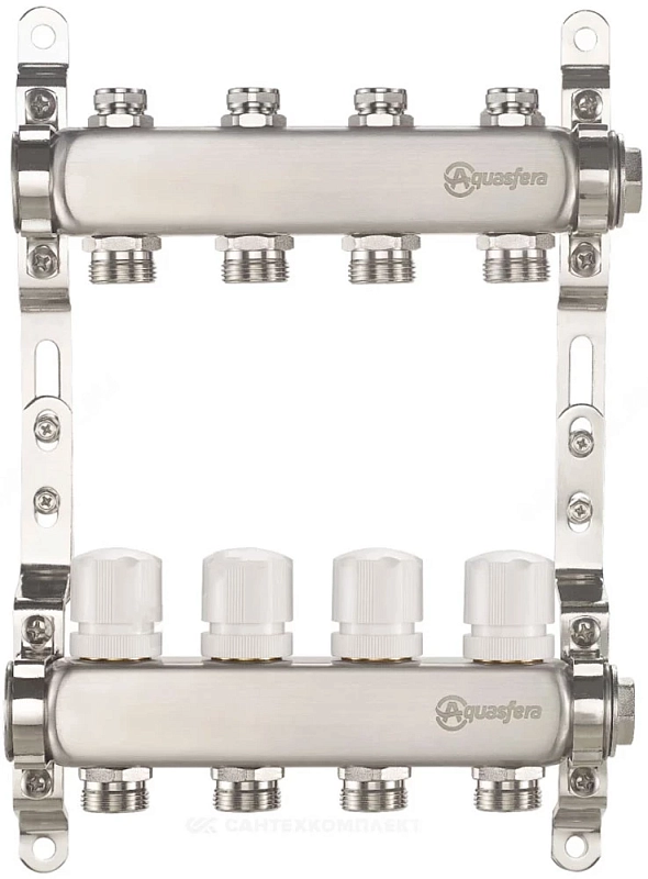 Группа коллекторная Aquasfera 9504 Ду25 Ру10 внутренняя резьба, выходов 4х3/4″ наружная резьба под евроконус с балансировочными и регулирующими клапанами, нержавеющая сталь